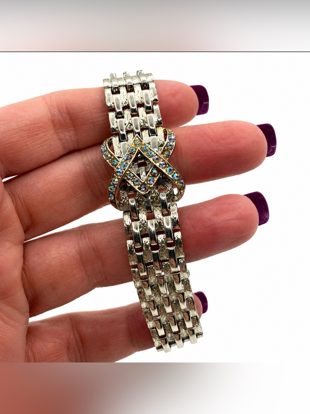 Coro Pegasus Silver Tone Wide Textured Link Bracelet with AB Rhinestones MCM